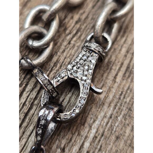 Sterling Silver Link Necklace w/Pave Diamond Clasp Red Enamel Butterfly Pendant - Picture 4 of 9